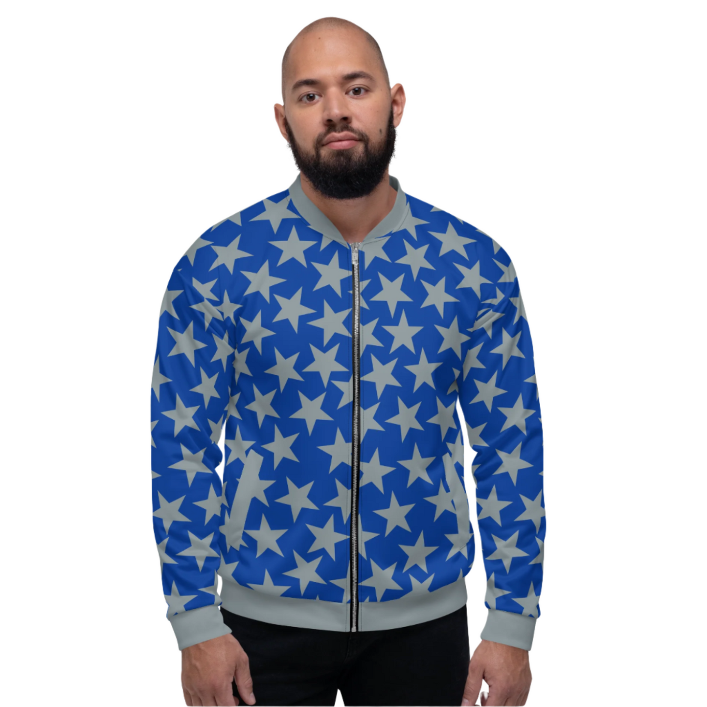 unisex bomber jacket in blue with silver stars, collar, waistband and cuffs. Pro wrestling style or American football outfit for men and women with zipper front and pockets.