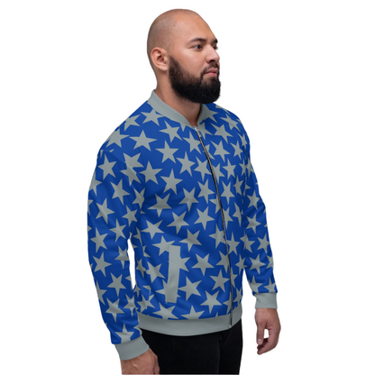 unisex bomber jacket in blue with silver stars, collar, waistband and cuffs. Pro wrestling style outfit for men and women with zipper front and pockets.