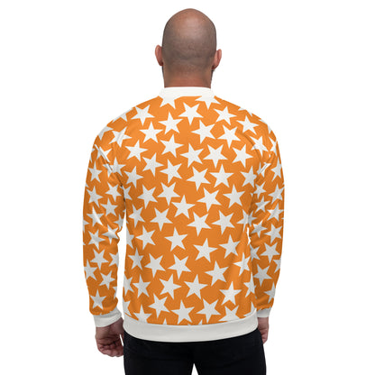 unisex bomber jacket in orange with white stars, collar, waistband and cuffs. Pro wrestling style outfit for men and women with zipper front and pockets.