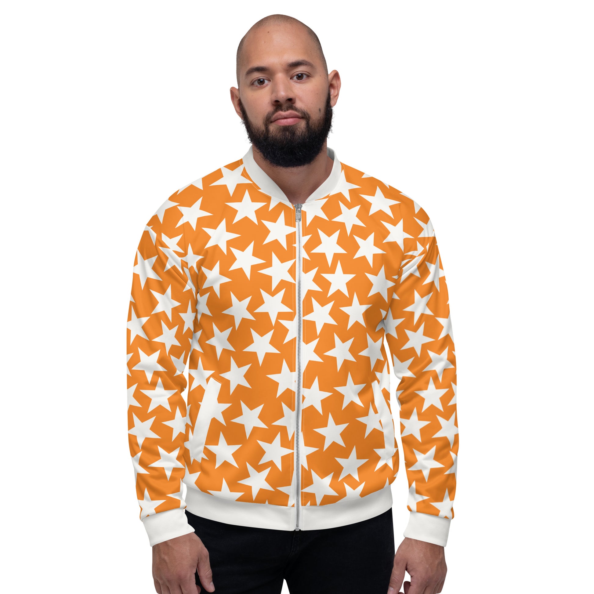 unisex bomber jacket in orange with white stars, collar, waistband and cuffs. Pro wrestling style outfit for men and women with zipper front and pockets.