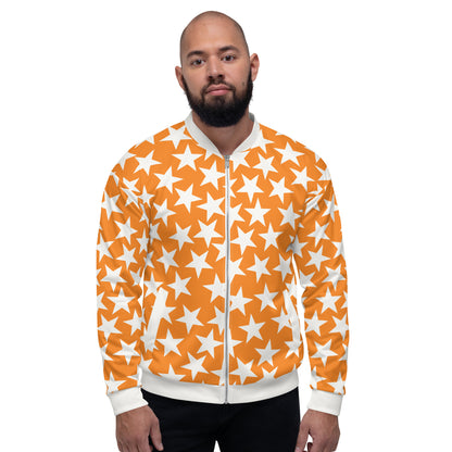 unisex bomber jacket in orange with white stars, collar, waistband and cuffs. Pro wrestling style outfit for men and women with zipper front and pockets.