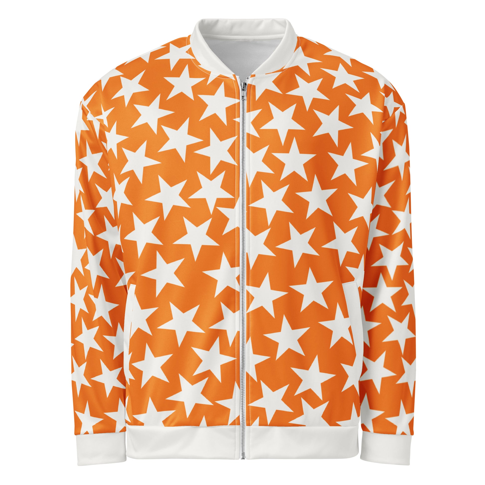 unisex bomber jacket in orange with white stars, collar, waistband and cuffs. Pro wrestling style outfit for men and women with zipper front and pockets.