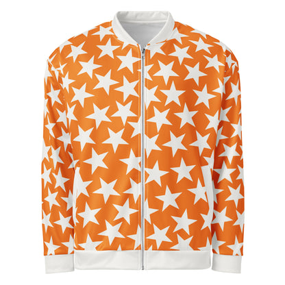 unisex bomber jacket in orange with white stars, collar, waistband and cuffs. Pro wrestling style outfit for men and women with zipper front and pockets.