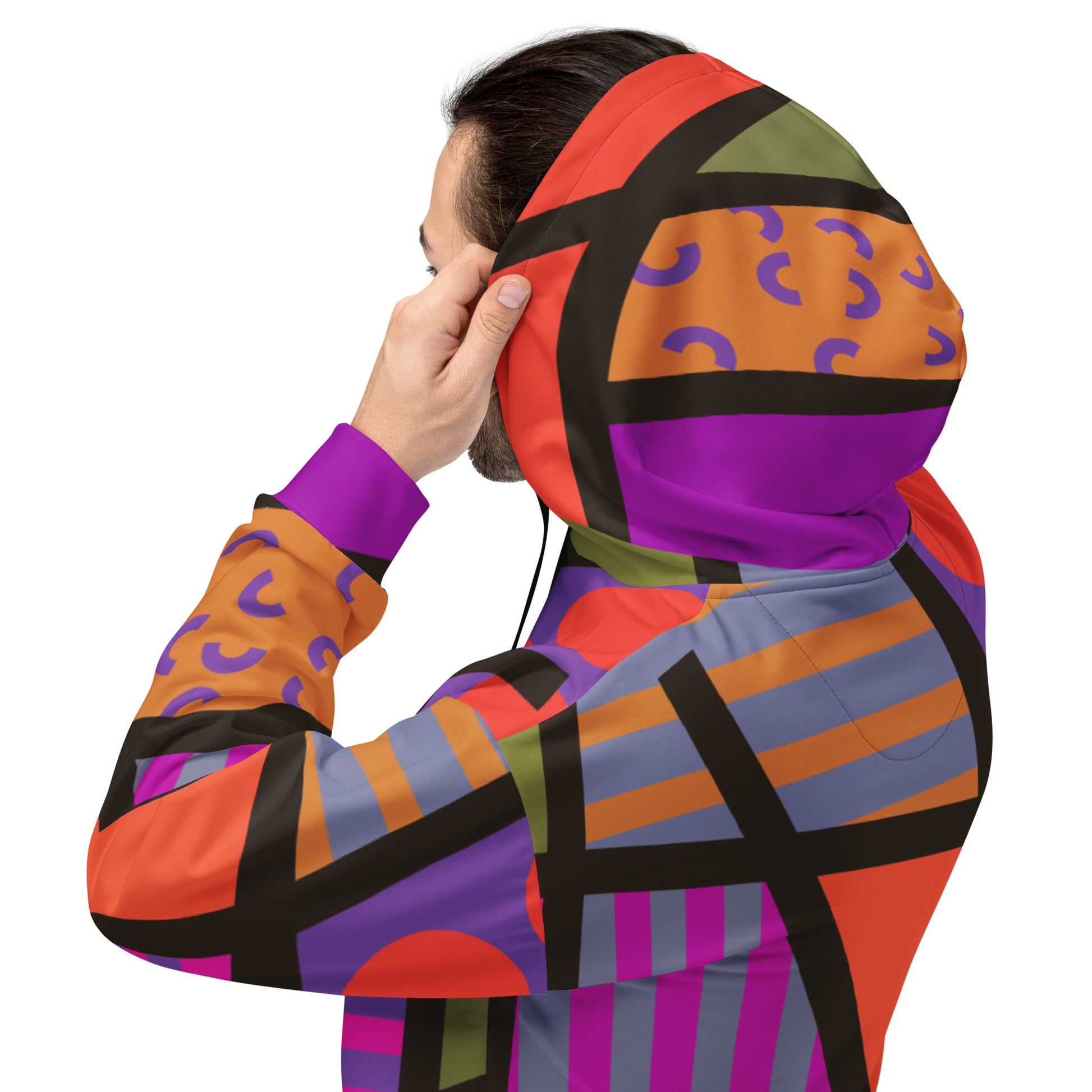 Muted purple and orange geometric patterned unisex hoodie in muted colors. Black ties, kangaroo pocket, long sleeves. 