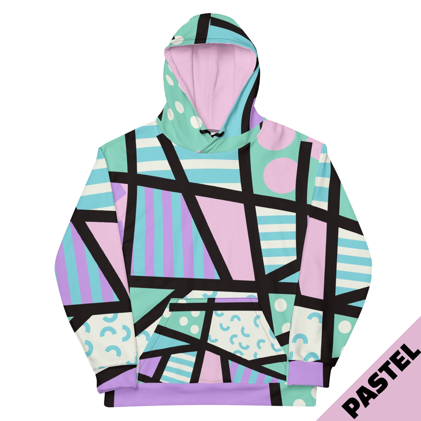 Pastel geometric patterned unisex hoodie in vibrant colors. Black ties, kangaroo pocket, long sleeves. Pastel goth vibes.