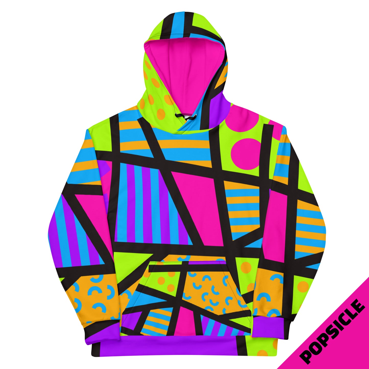 Popping geometric patterned unisex hoodie in vibrant neoncore colors. Black ties, kangaroo pocket, long sleeves. 