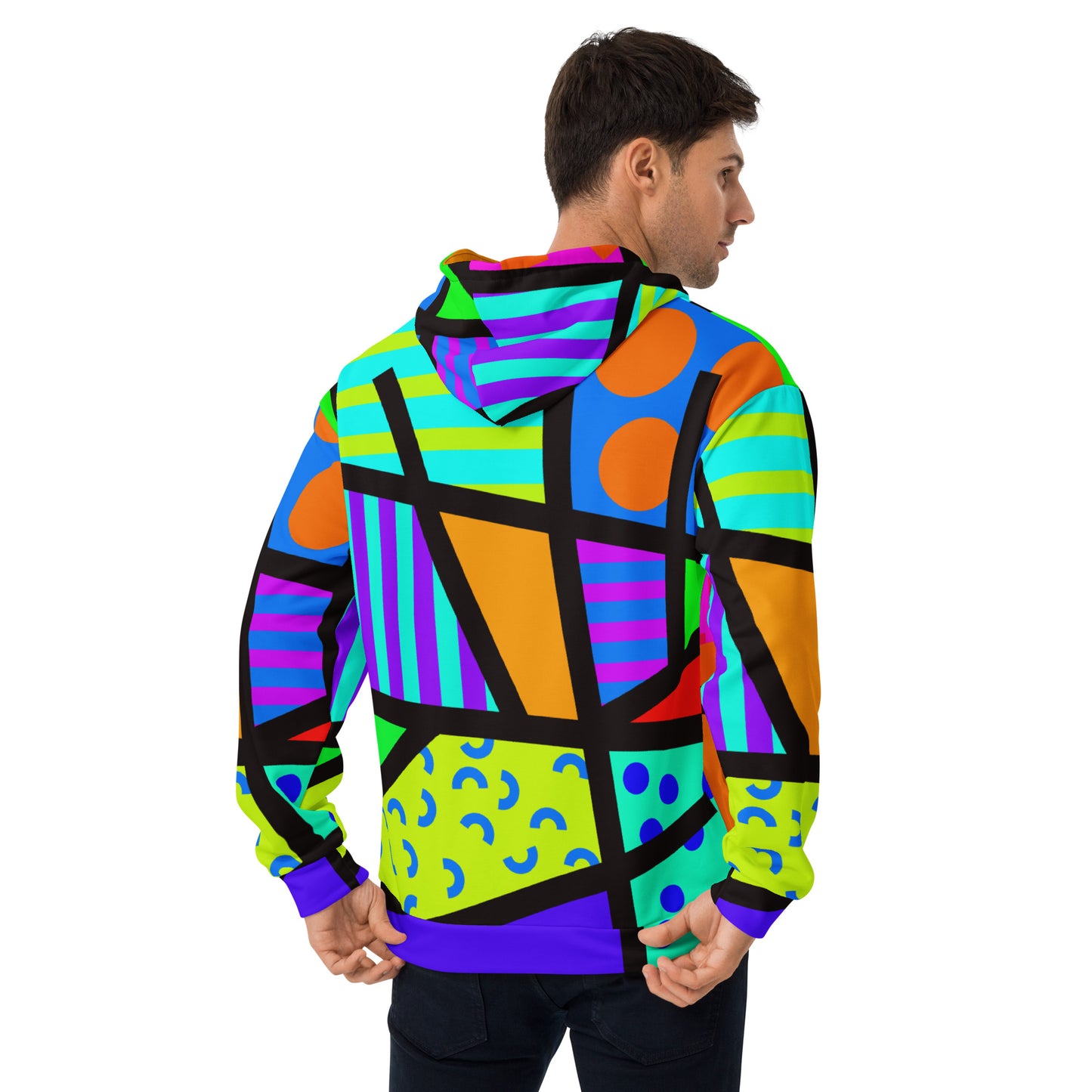 Rainbow geometric patterned unisex hoodie in vibrant colors. Black ties, kangaroo pocket, long sleeves