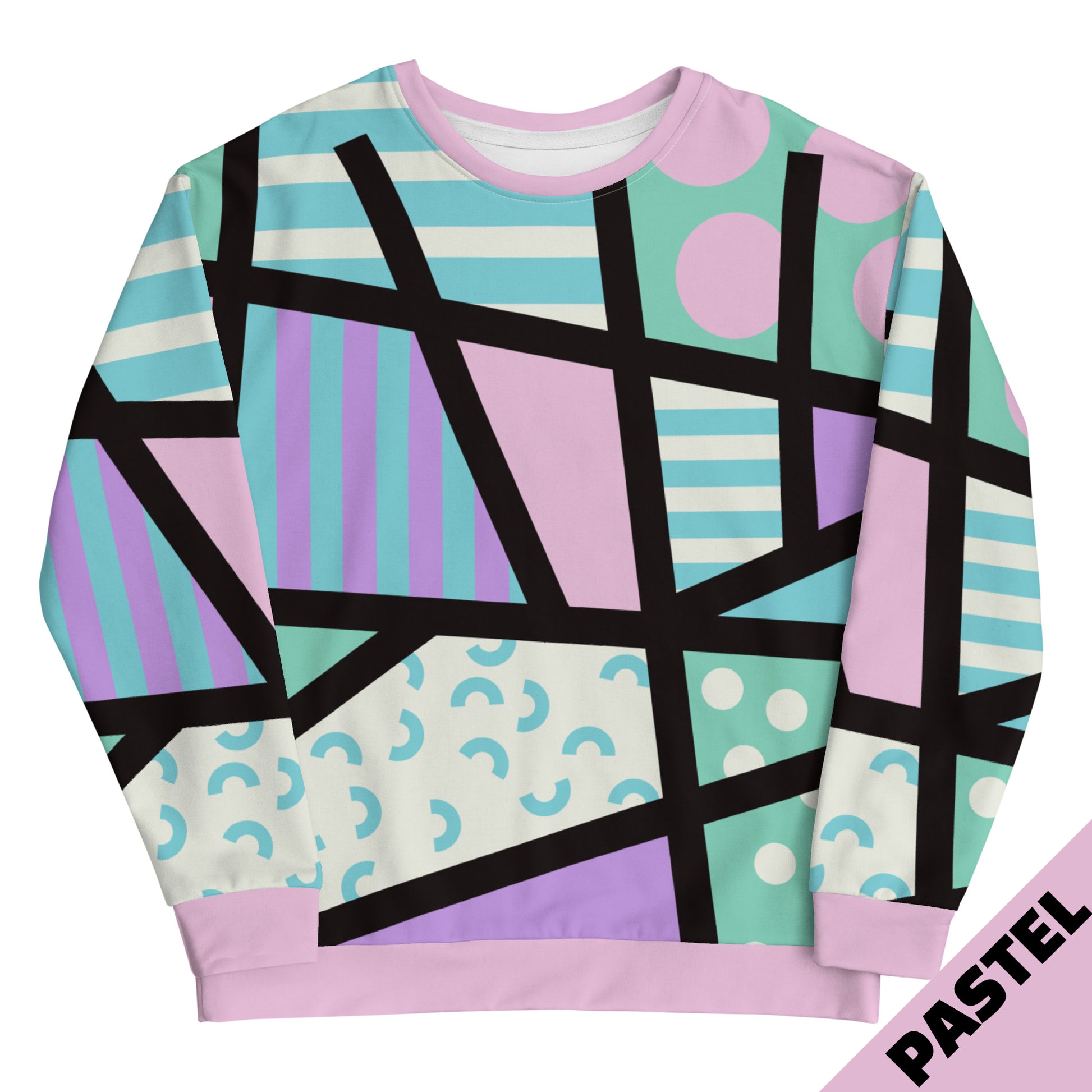 Pastel goth retro 80s Memphis style unisex sweatshirt with geometric patterns and colours by BillingtonPix. Eco recycled fabric. Pink crew and cuffs, long sleeves.