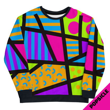 Popping retro 80s Memphis style sweatshirt with geometric patterns and colours by BillingtonPix. Eco recycled fabric. Black crew and cuffs, long sleeves.