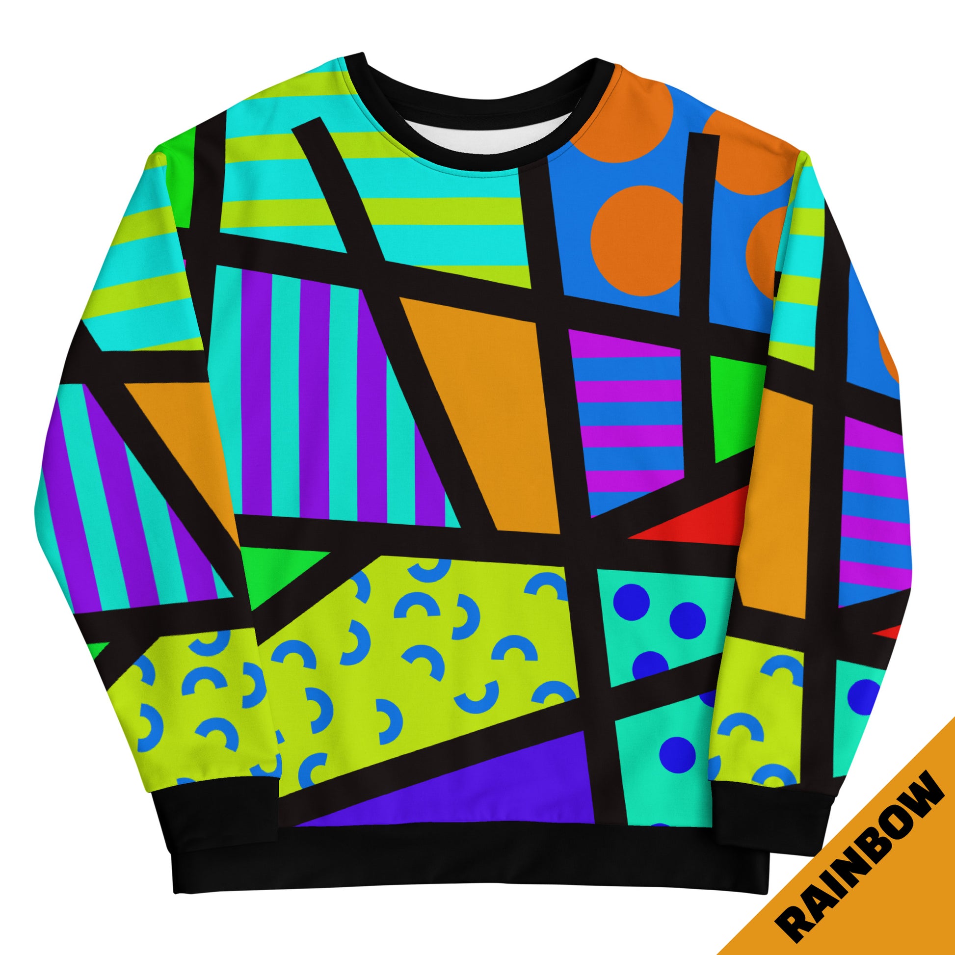 Rainbow retro 80s Memphis style unisex sweatshirt with geometric patterns and colours by BillingtonPix. Eco recycled fabric. Black crew and cuffs, long sleeves.