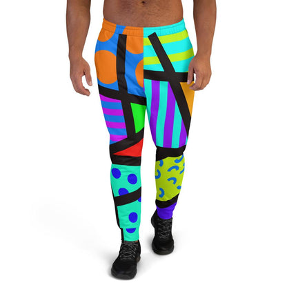 Vibrant 80s Memphis retro style men's joggers in geometric patterns and a black geometric overlay by BillingtonPix