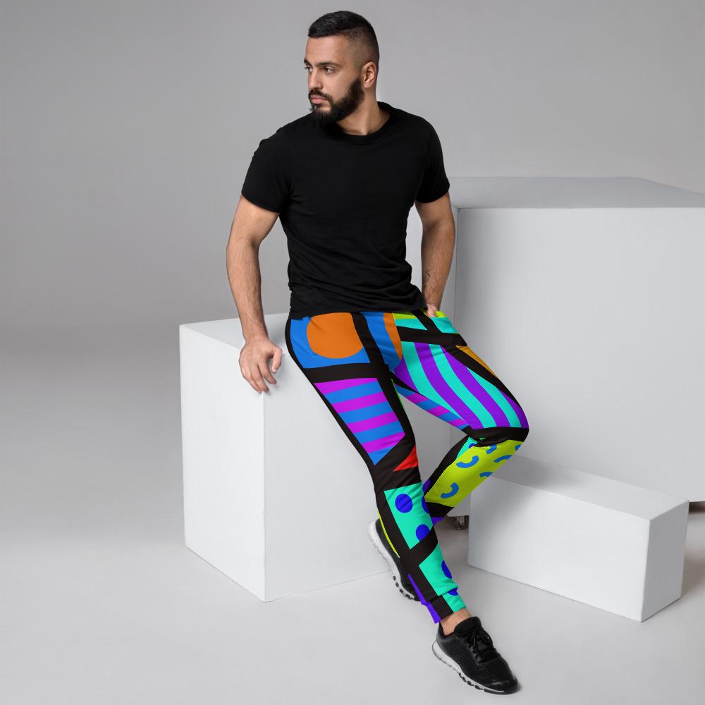 Vibrant 80s Memphis retro style men's joggers in geometric patterns and a black geometric overlay by BillingtonPix