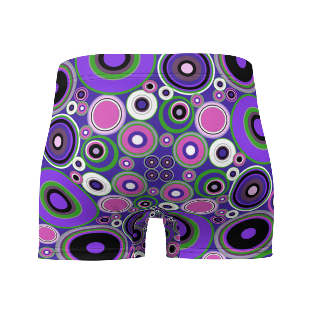 Luxury feel 60s mid-century modern retro style boxer briefs with a purple tones abstract circular shapes pattern design by BillingtonPix