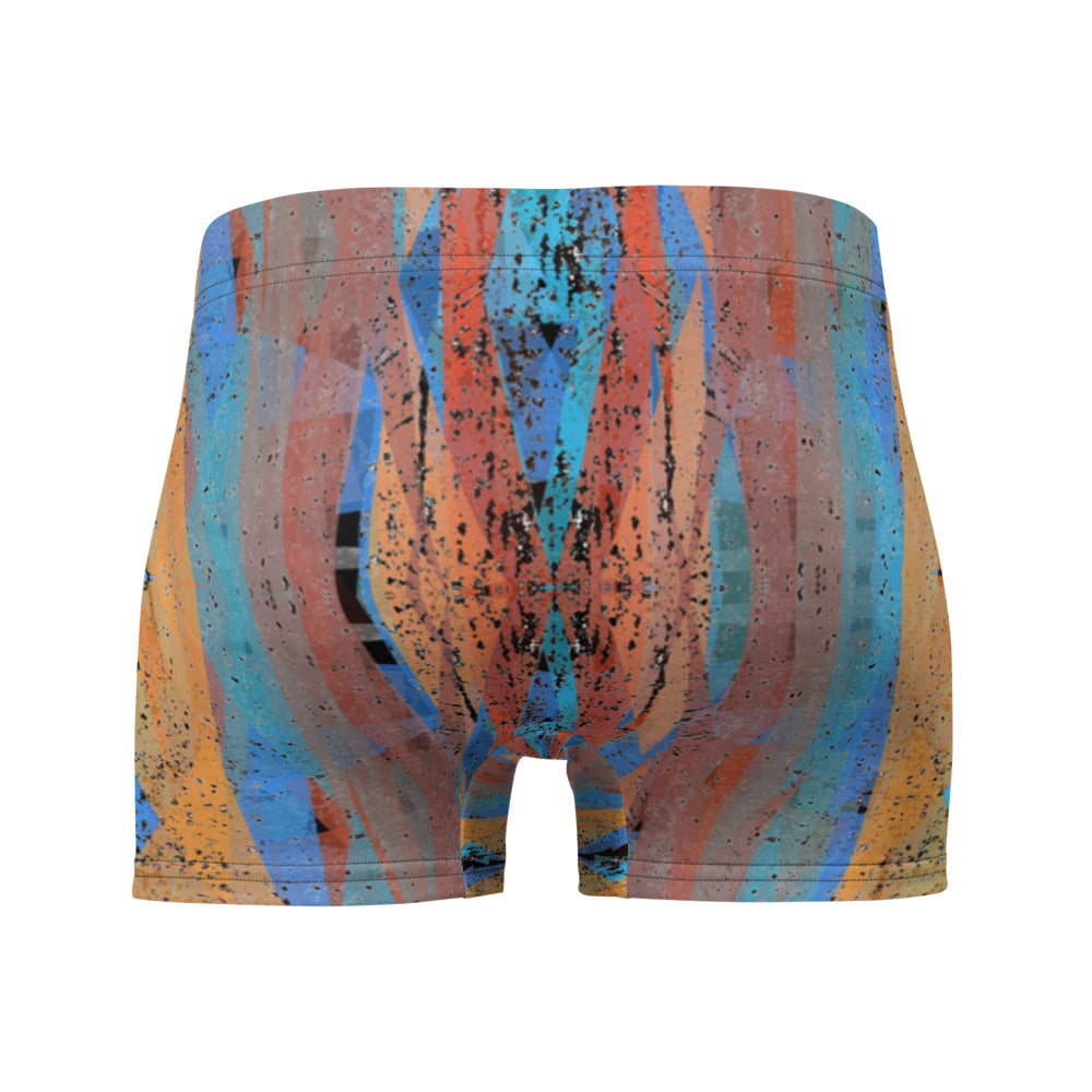 Luxury feel Orange Contemporary Retro Victorian Style Geometric Patterned male boxers with a groovy psychedelic orange, blue and taupe tones in the abstract surface pattern design by BillingtonPix