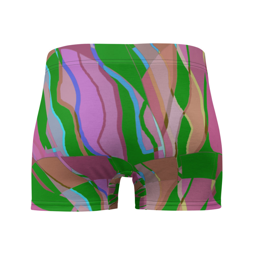 Luxury feel Green Contemporary Retro Abstract Victorian Style Patterned mens boxer briefs with a groovy psychedelic green, pink and orange tones in the retro surface pattern design by BillingtonPix