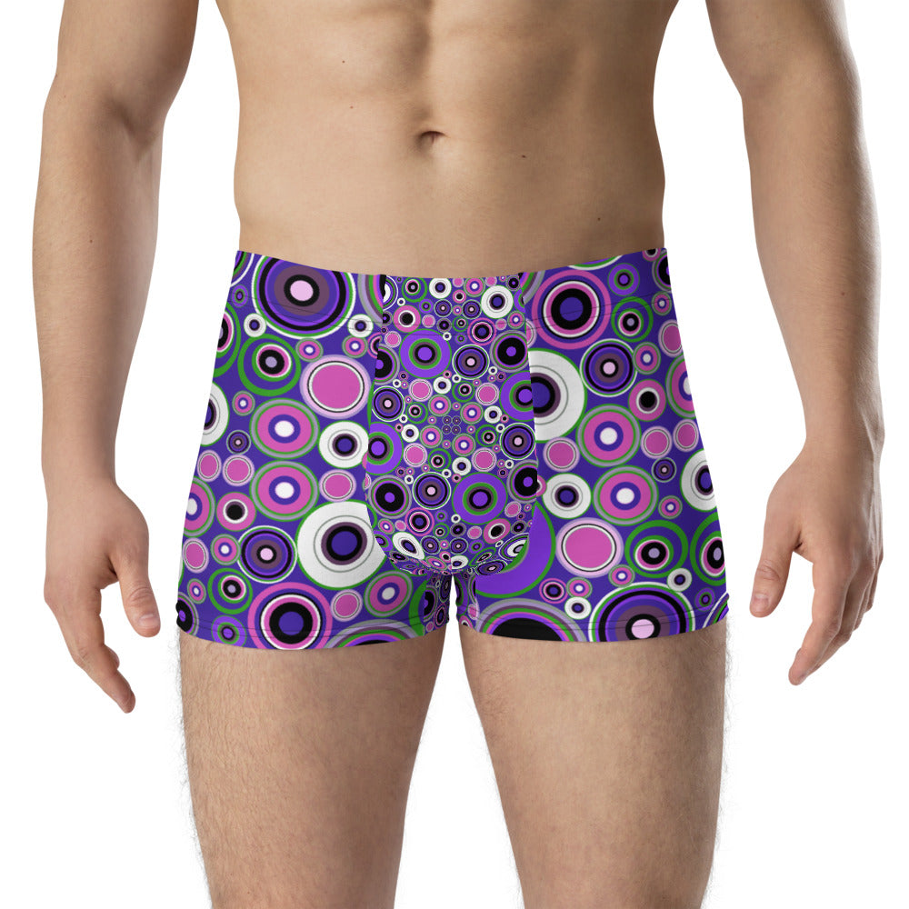 Luxury feel 60s mid-century modern retro style boxer briefs with a purple tones abstract circular shapes pattern design by BillingtonPix