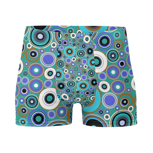 Luxury feel 60s mid-century modern retro style boxer briefs with a psychedelic groovy blue and taupe tones abstract circular shapes pattern design by BillingtonPix