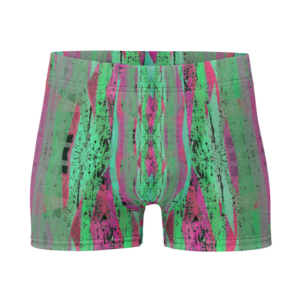 Luxury feel Pink Contemporary Retro Victorian Style Geometric Patterned male boxers with a groovy psychedelic green and pink tones in the abstract surface pattern design by BillingtonPix