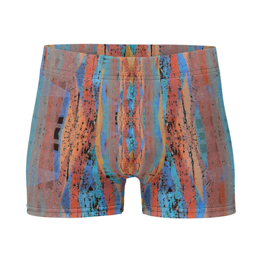 Luxury feel Orange Contemporary Retro Victorian Style Geometric Patterned male boxers with a groovy psychedelic orange, blue and taupe tones in the abstract surface pattern design by BillingtonPix