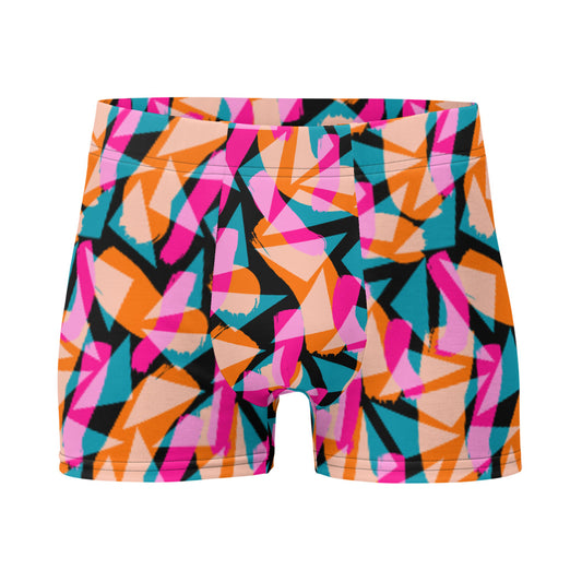 Harajuku patterned LGBT boxer briefs with vibrant geometric and abstract tones of pink, orange and turquoise against a black background on these men's boxers by BillingtonPix