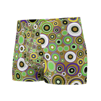 Luxury feel 60s mid-century modern retro style boxer briefs with a psychedelic groovy yellow and green tones abstract circular shapes pattern design by BillingtonPix