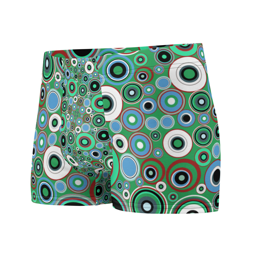 Luxury feel 60s mid-century modern retro style boxer briefs with a psychedelic groovy green and blue tones abstract circular shapes pattern design by BillingtonPix