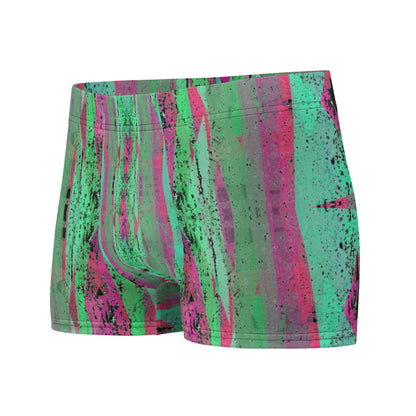 Luxury feel Pink Contemporary Retro Victorian Style Geometric Patterned male boxers with a groovy psychedelic green and pink tones in the abstract surface pattern design by BillingtonPix