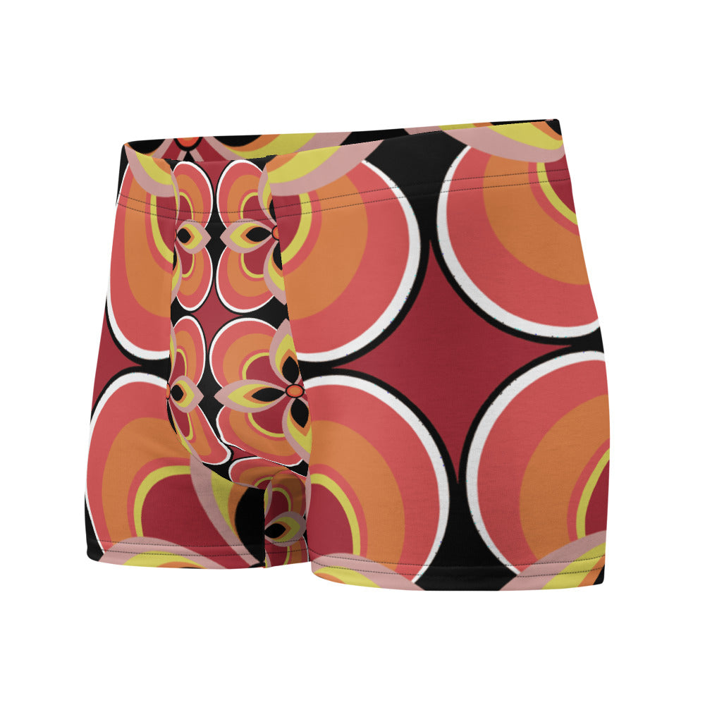 Luxury feel Orange 70s Style Geometric Floral Retro Mid Century Modern Patterned male boxers with a groovy psychedelic orange, yellow and burgundy tones in the retro surface pattern design by BillingtonPix