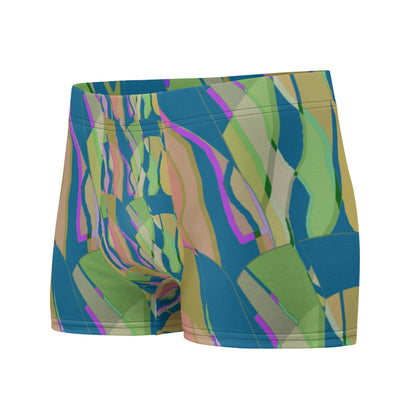 Luxury feel Taupe Contemporary Retro Abstract Victorian Style Patterned mens boxer briefs with a groovy psychedelic taupe, mustard and green tones in the retro surface pattern design by BillingtonPix