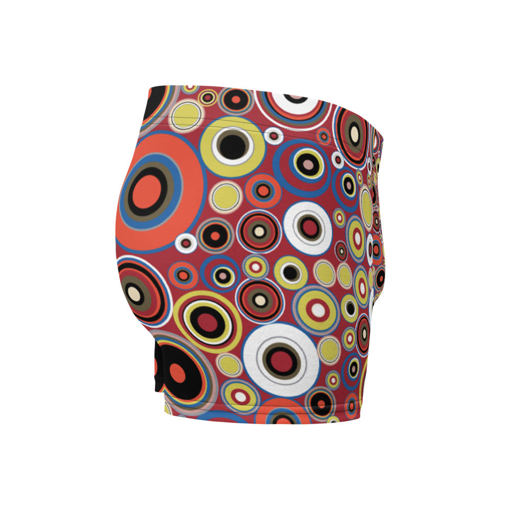 Luxury feel 60s mid-century modern retro style boxer briefs with a psychedelic groovy orange and yellow tones abstract circular shapes pattern design by BillingtonPix