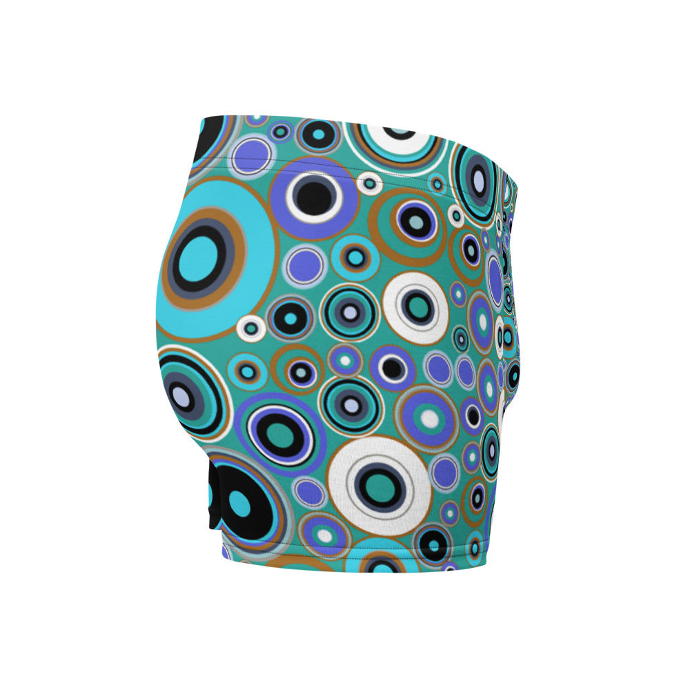 Luxury feel 60s mid-century modern retro style boxer briefs with a psychedelic groovy blue and taupe tones abstract circular shapes pattern design by BillingtonPix