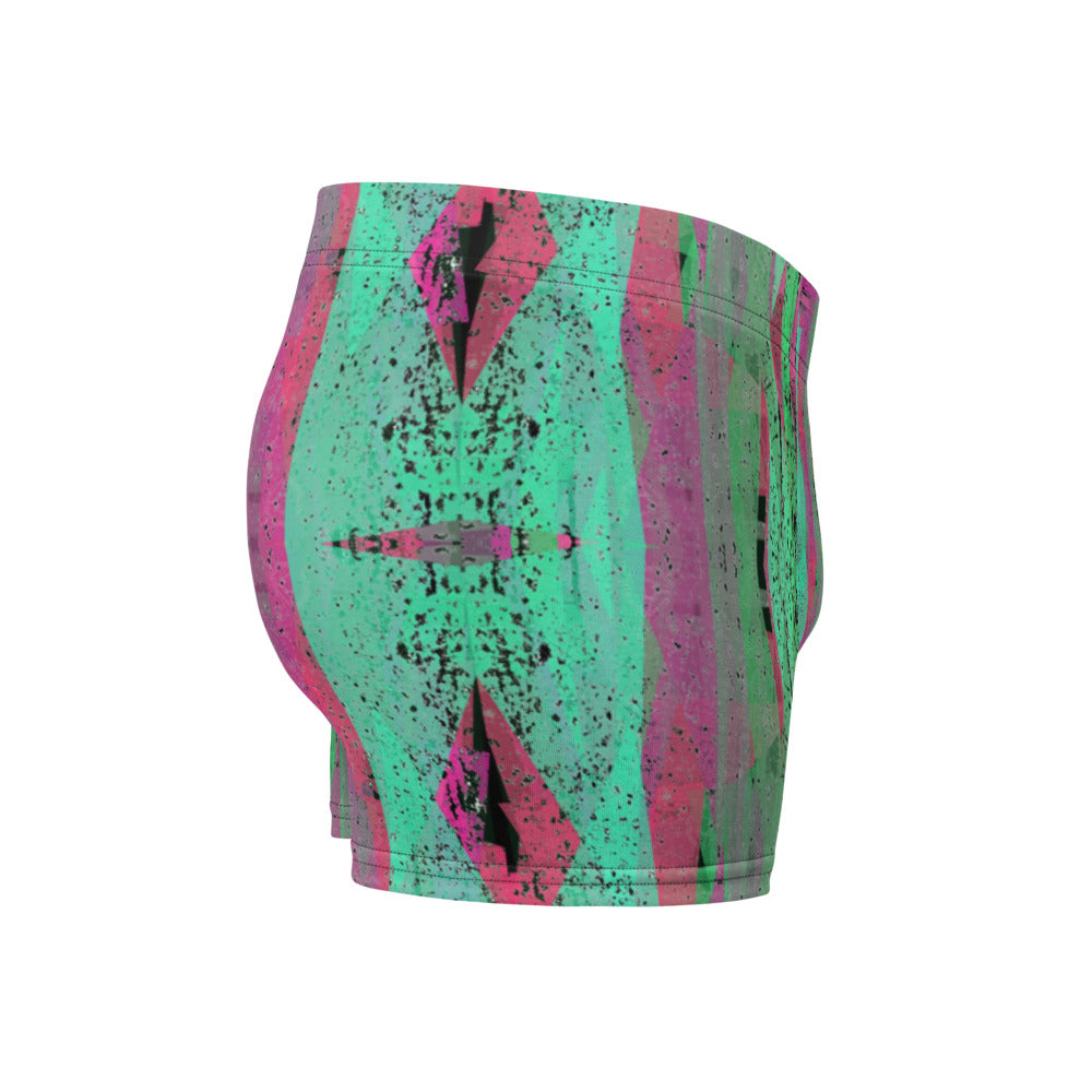 Luxury feel Pink Contemporary Retro Victorian Style Geometric Patterned male boxers with a groovy psychedelic green and pink tones in the abstract surface pattern design by BillingtonPix