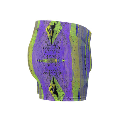 Luxury feel Navy Contemporary Retro Victorian Style Geometric Patterned male boxers with a groovy psychedelic navy, purple and yellow tones in the abstract surface pattern design by BillingtonPix