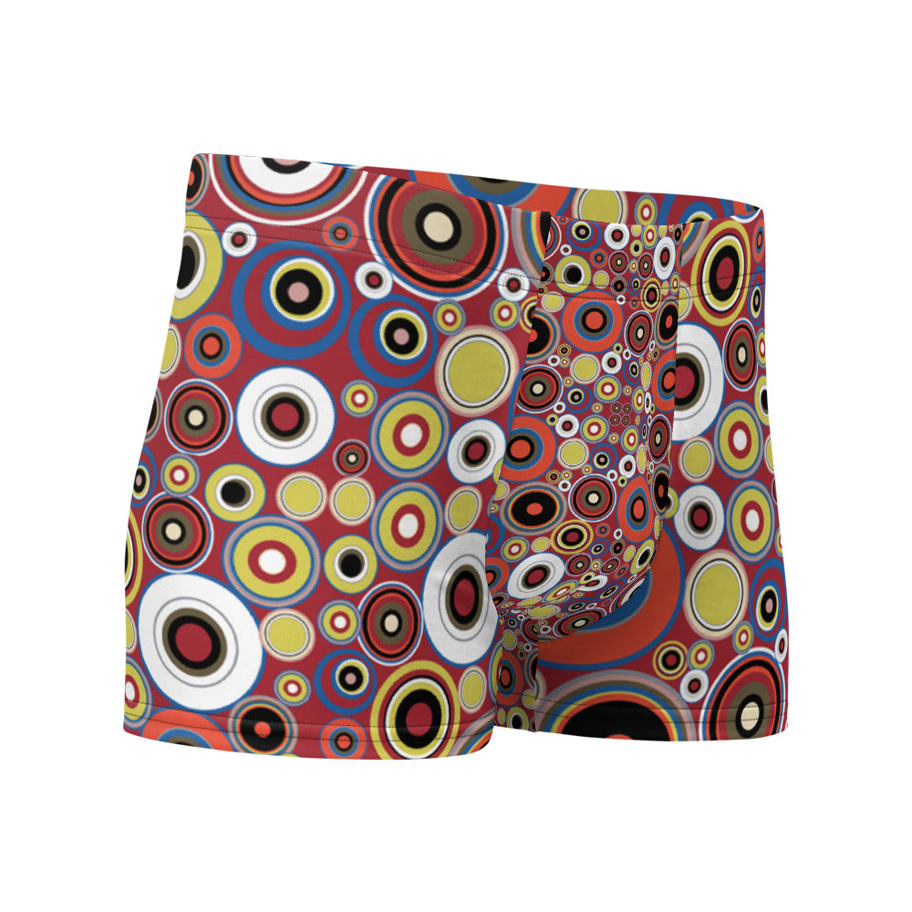 Luxury feel 60s mid-century modern retro style boxer briefs with a psychedelic groovy orange and yellow tones abstract circular shapes pattern design by BillingtonPix