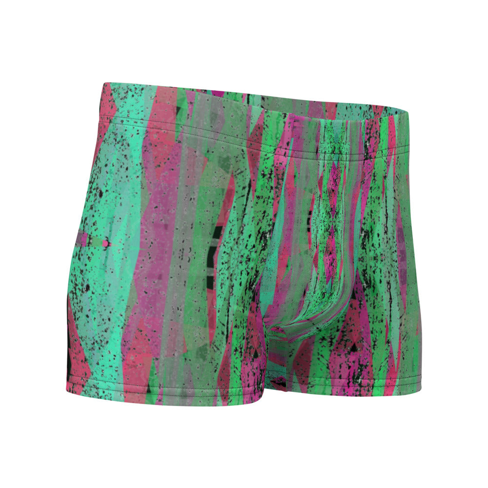 Luxury feel Pink Contemporary Retro Victorian Style Geometric Patterned male boxers with a groovy psychedelic green and pink tones in the abstract surface pattern design by BillingtonPix