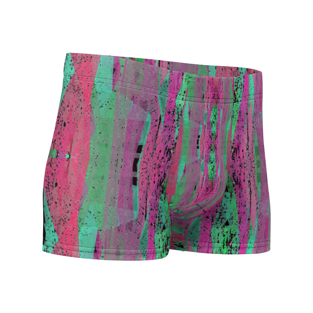 Luxury feel Crimson Contemporary Retro Victorian Style Geometric Patterned male boxers with a groovy psychedelic crimson, pink and green tones in the abstract surface pattern design by BillingtonPix