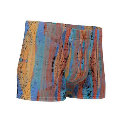 Luxury feel Orange Contemporary Retro Victorian Style Geometric Patterned male boxers with a groovy psychedelic orange, blue and taupe tones in the abstract surface pattern design by BillingtonPix