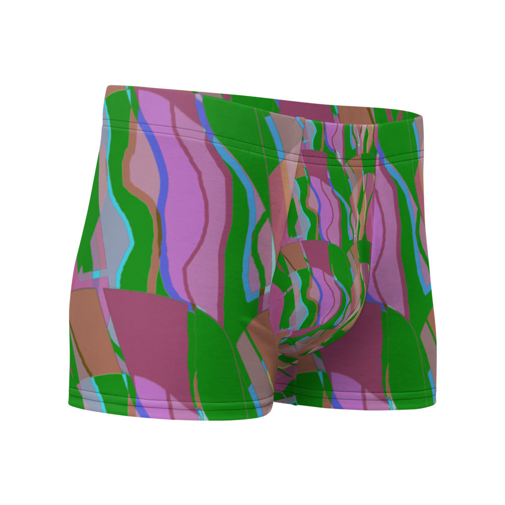 Luxury feel Green Contemporary Retro Abstract Victorian Style Patterned mens boxer briefs with a groovy psychedelic green, pink and orange tones in the retro surface pattern design by BillingtonPix