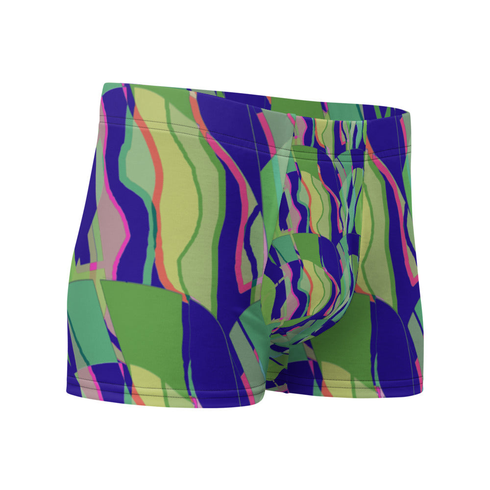 Luxury feel Navy Contemporary Retro Abstract Victorian Style Patterned mens boxer briefs with a groovy psychedelic navy, green and pink tones in the retro surface pattern design by BillingtonPix