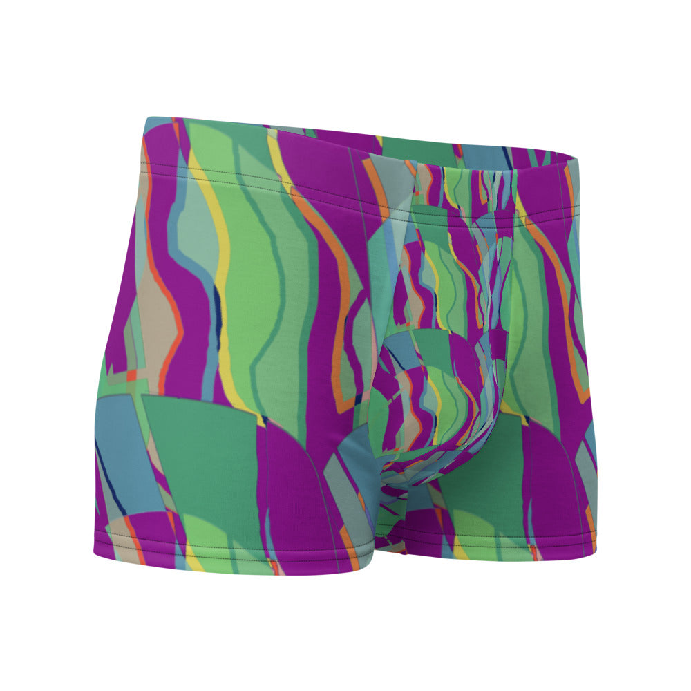 Luxury feel Purple Contemporary Retro Abstract Victorian Style Patterned mens boxer briefs with a groovy psychedelic purple, green and blue tones in the retro surface pattern design by BillingtonPix