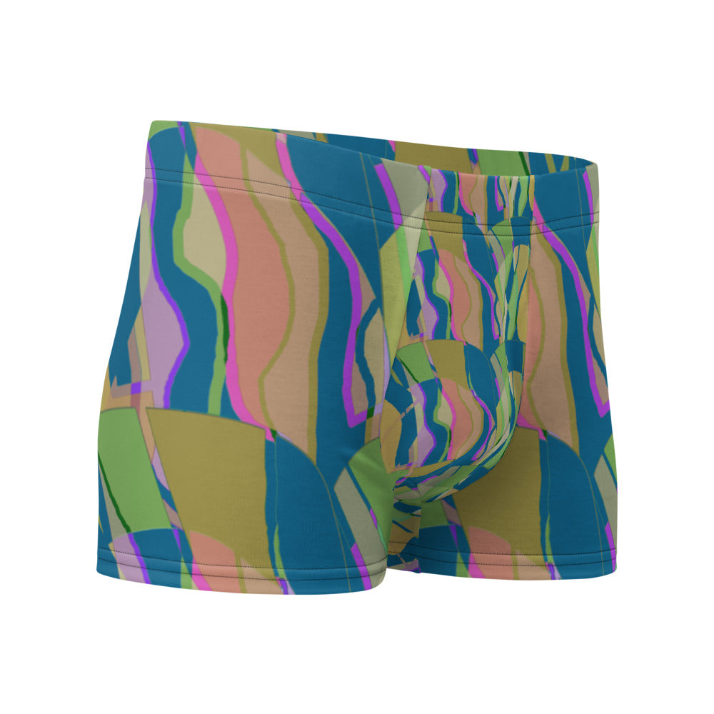 Luxury feel Taupe Contemporary Retro Abstract Victorian Style Patterned mens boxer briefs with a groovy psychedelic taupe, mustard and green tones in the retro surface pattern design by BillingtonPix