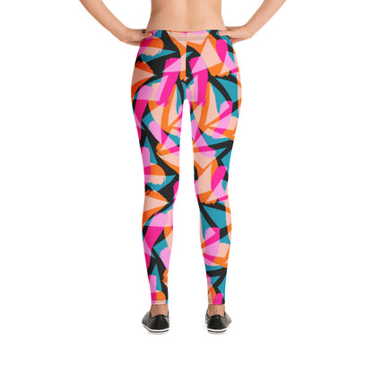 Geometric patterned 90s Memphis design women's gym leggings athleisure streetwear fashion in colorful tones of pink, turquoise green and orange against a black background on this Harajuku design running tights for women by BillingtonPix