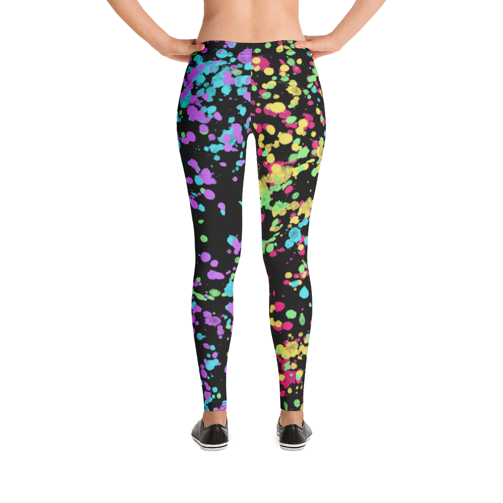 LGBTQ Gay Pride Rainbow Flag ink splats gym leggings for women with red, yellow, blue., green and purple splatters against a black background on these unique and best running tights, Gay Pride and festival leggings for women