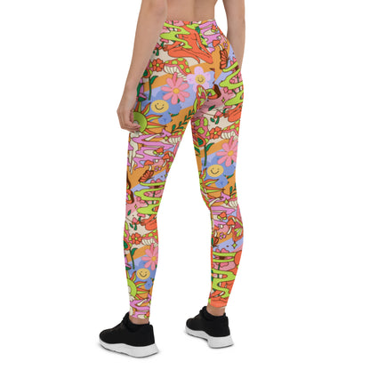 Groovy 70s Style Leggings | Kawaii Flower Power Compression Pants | Yume Kawaii Harajuku Fashion Leggings | Rave Outfit Festival Leggings, flowers, mushrooms, buddha, shrines, hippie leggins for women