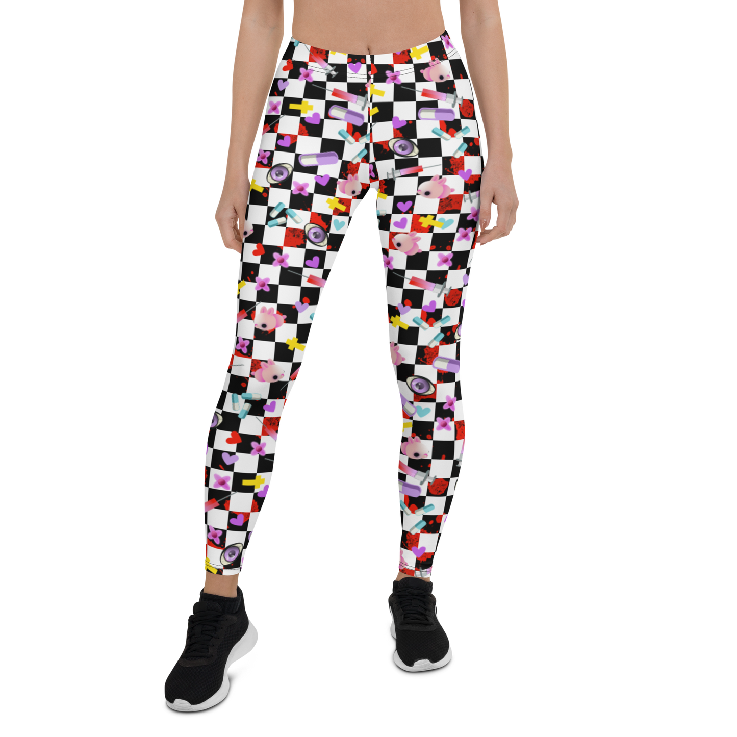 Yami Kawaii Harajuku Anime design women's leggings with a black and white chequered background, containing a number of Menhera Kei and Pop Kei references such as kawaii pink mice, yellow crosses, pastel goth spooky eyes, splatters of blood, hearts and cute looking pills. These gym leggings or running tights for women are something you might want to wear as festival leggings or rave fashion. Design by BillingtonPix