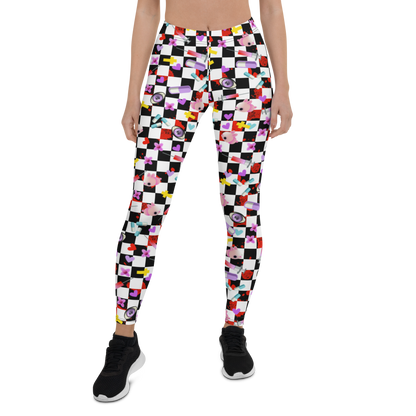 Yami Kawaii Harajuku Anime design women's leggings with a black and white chequered background, containing a number of Menhera Kei and Pop Kei references such as kawaii pink mice, yellow crosses, pastel goth spooky eyes, splatters of blood, hearts and cute looking pills. These gym leggings or running tights for women are something you might want to wear as festival leggings or rave fashion. Design by BillingtonPix