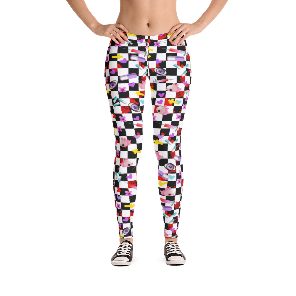 Yami Kawaii Harajuku Anime design women's leggings with a black and white chequered background, containing a number of Menhera Kei and Pop Kei references such as kawaii pink mice, yellow crosses, pastel goth spooky eyes, splatters of blood, hearts and cute looking pills. These gym leggings or running tights for women are something you might want to wear as festival leggings or rave fashion. Design by BillingtonPix