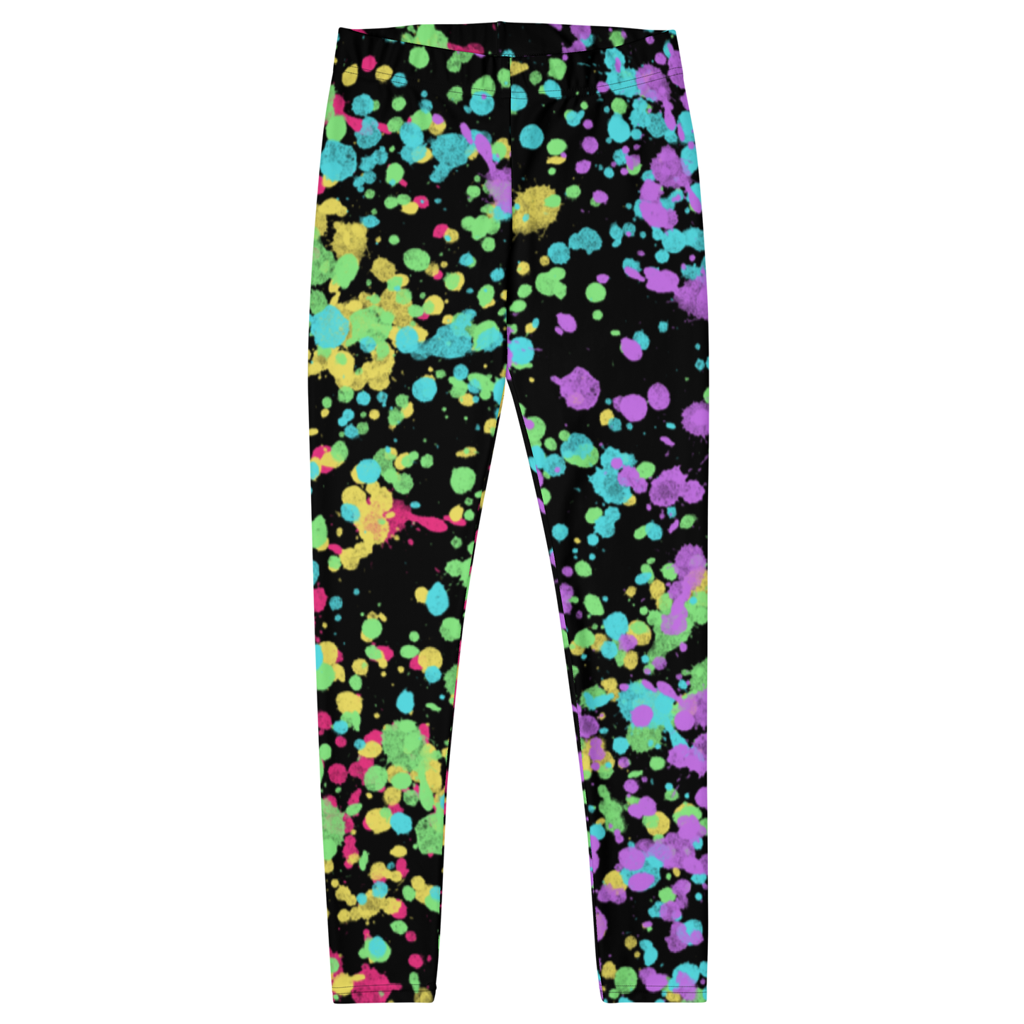 LGBTQ Gay Pride Rainbow Flag ink splats gym leggings for women with red, yellow, blue., green and purple splatters against a black background on these unique and best running tights, Gay Pride and festival leggings for women