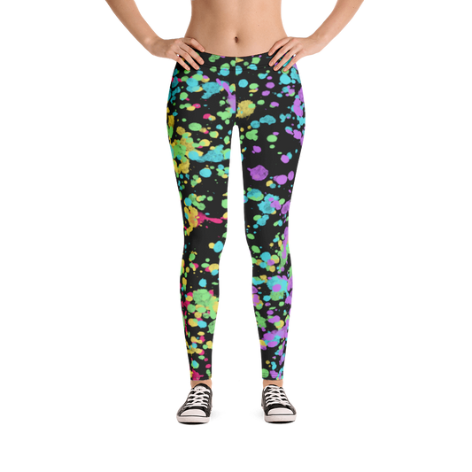 LGBTQ Gay Pride Rainbow Flag ink splats gym leggings for women with red, yellow, blue., green and purple splatters against a black background on these unique and best running tights, Gay Pride and festival leggings for women