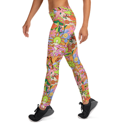 Groovy 70s Style Leggings | Kawaii Flower Power Compression Pants | Yume Kawaii Harajuku Fashion Leggings | Rave Outfit Festival Leggings, flowers, mushrooms, buddha, shrines, hippie leggins for women